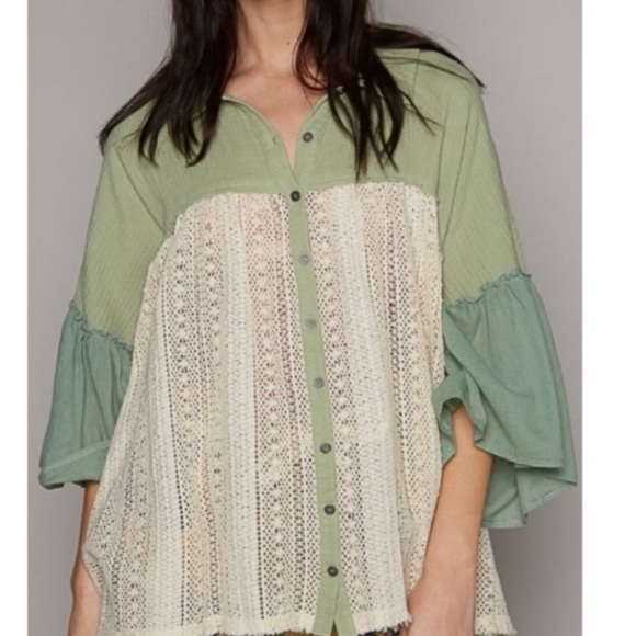 POL top frayed edge crochet Shacket long sleeves button down NWT Boutique - Picture 2 of 11